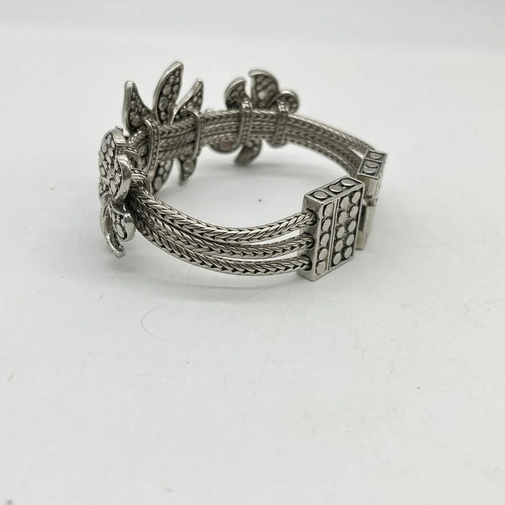 Silver Tone Triple Strand Wheat Chain Floral Dotted Texture Bracelet 7.5in